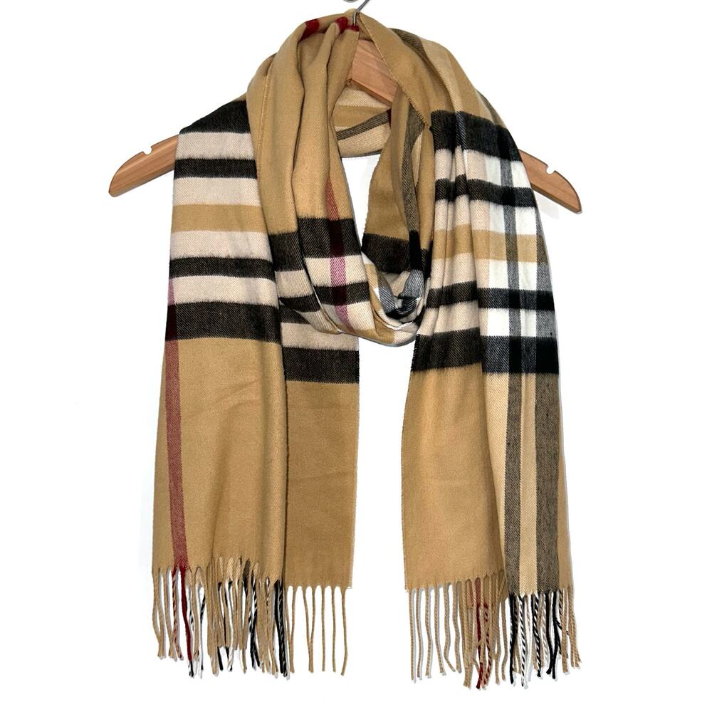 Fraas Camel Tan Plaid Check Classic Fringe Rectangle Scarf